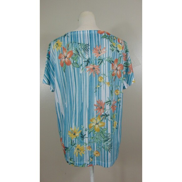 Chicos Size 2 Blue Floral Striped Top Womens Summer Large 12 Casual Resort - Picture 11 of 11